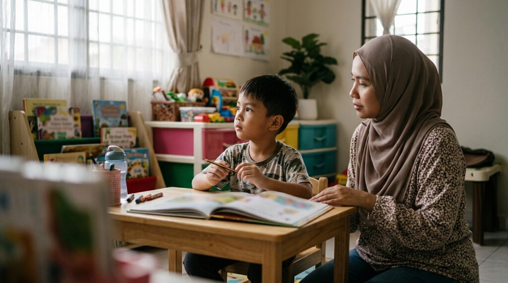 Anak Melayu mula hilang fokus dan melihat ke arah lain ketika membaca.