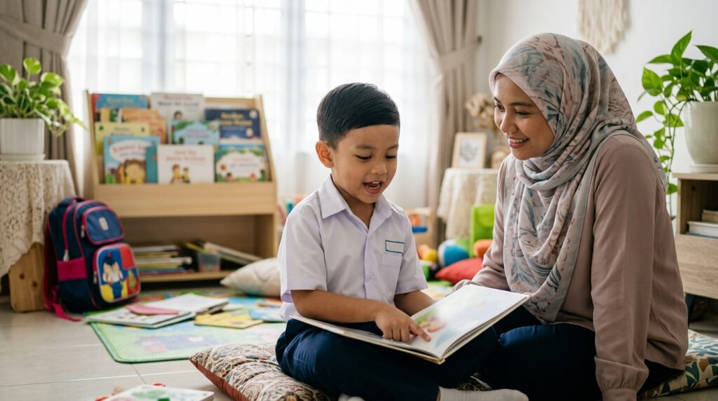 Anak Melayu membaca dengan yakin dan bersedia menghadapi pembelajaran di sekolah.