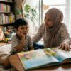 Anak Melayu kelihatan penat ketika membaca dan ibu bapa memberi peluang untuk berehat.