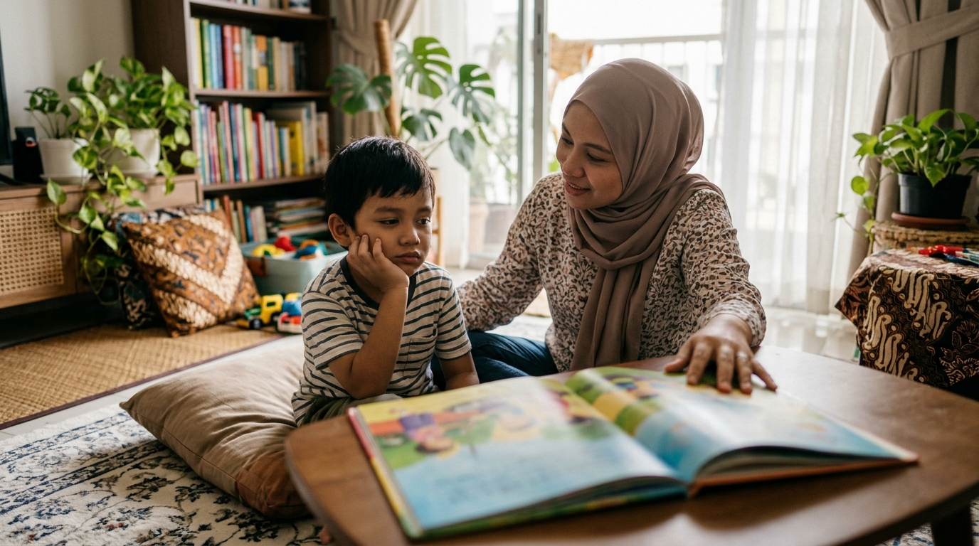 Anak Melayu kelihatan penat ketika membaca dan ibu bapa memberi peluang untuk berehat.