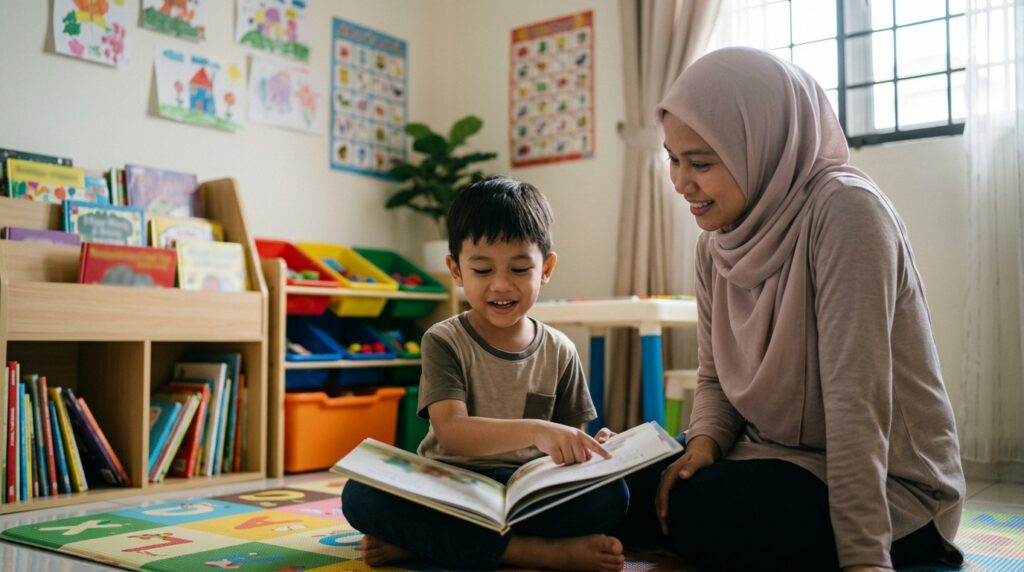 Anak Melayu membaca buku kegemaran dengan lebih yakin dan lancar.
