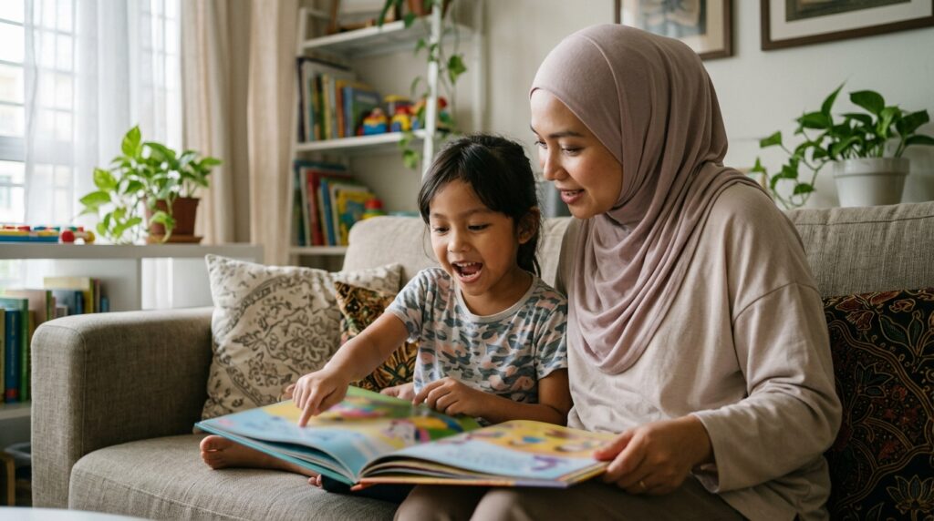 Anak Melayu berbual tentang gambar dalam buku bersama ibu bapa sebelum membaca.