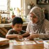 Anak Melayu berlatih membaca menggunakan barangan harian tanpa buku.
