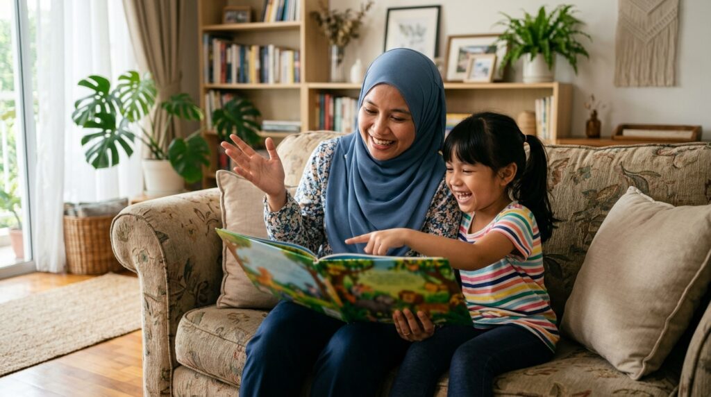 Anak Melayu membaca buku bersama ibu bapa dalam suasana santai dan menyeronokkan.