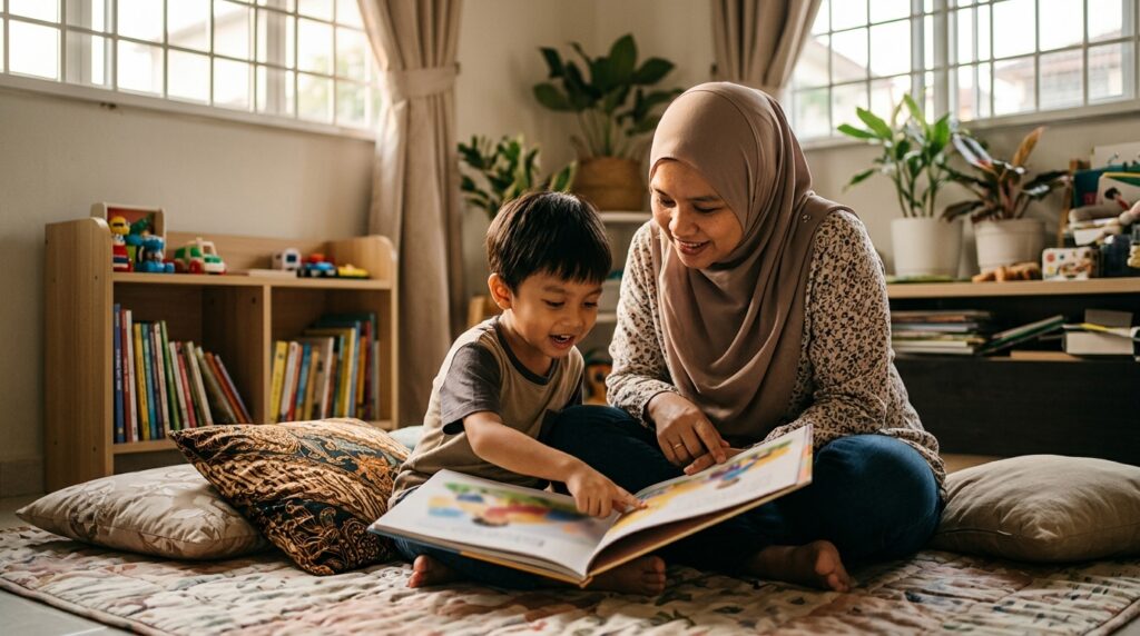 Anak Melayu membaca bersama ibu bapa di sudut membaca rumah.