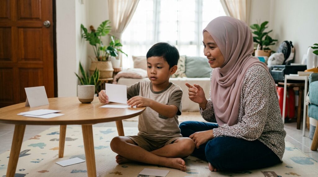 Anak Melayu bermain permainan padanan perkataan dengan objek sebenar di rumah.