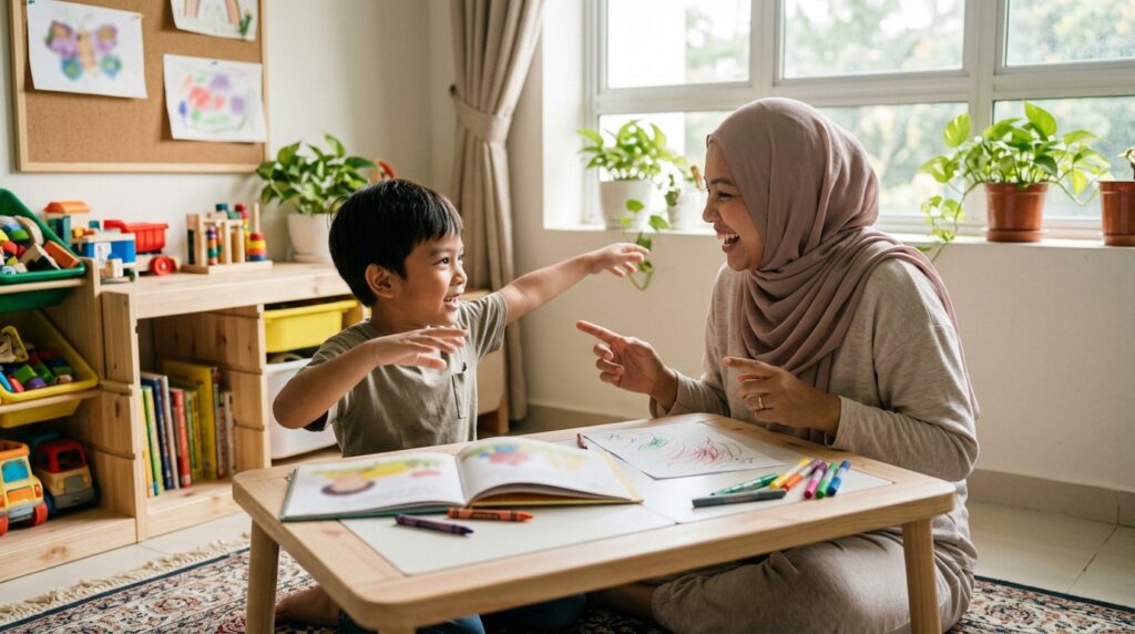 Anak Melayu melakonkan cerita selepas membaca untuk menjadikan aktiviti lebih interaktif.