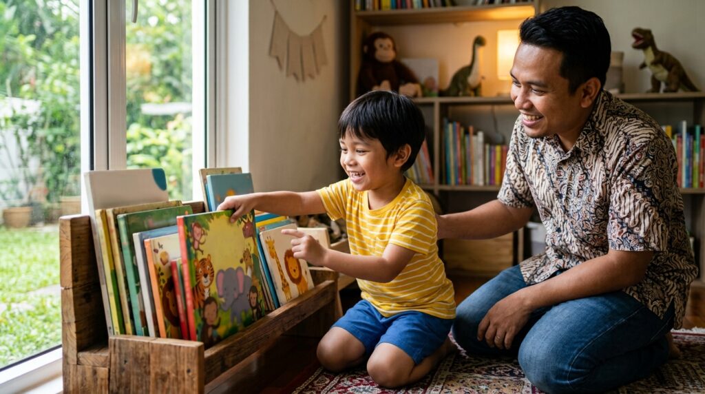 Anak Melayu memilih buku bergambar berdasarkan minatnya sendiri.