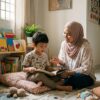 Anak Melayu membaca di reading corner bersama sokongan ibu bapa.