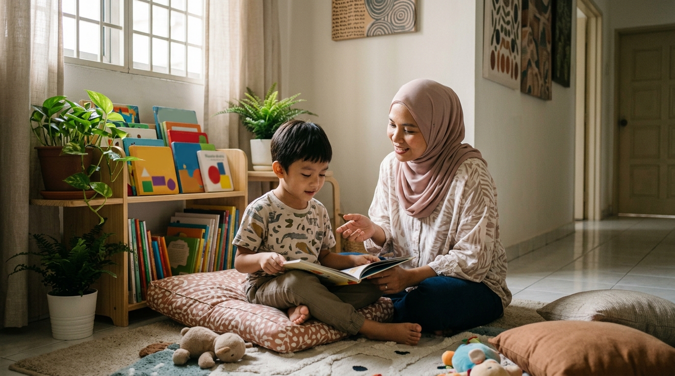 Anak Melayu membaca di reading corner bersama sokongan ibu bapa.