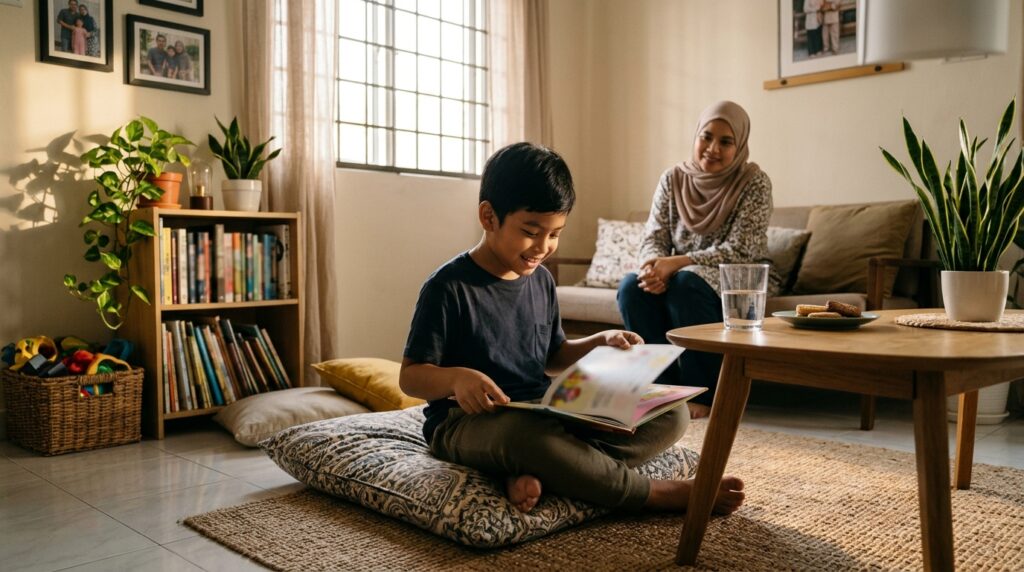 Anak Melayu menyambung sesi membaca selepas berehat dan kelihatan lebih fokus.