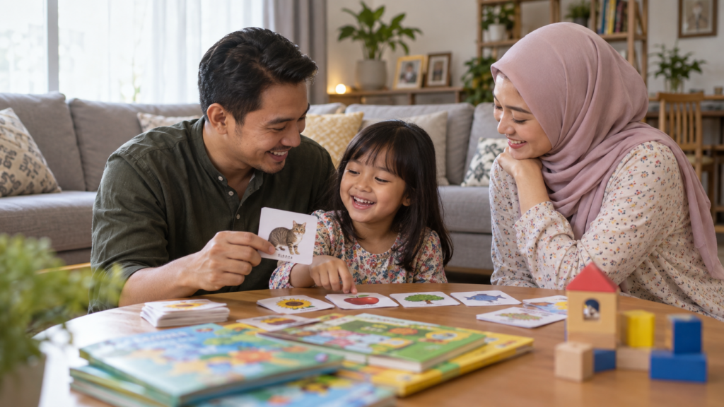 Keluarga meluangkan masa bermain dan belajar bersama.