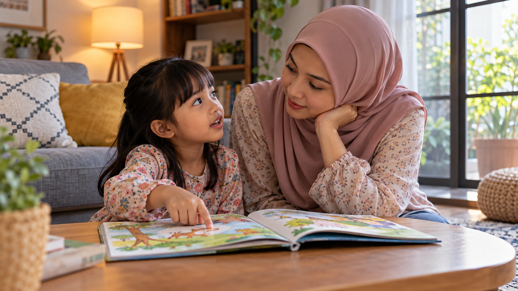 Anak bertanya maksud perkataan kepada ibu ketika membaca.