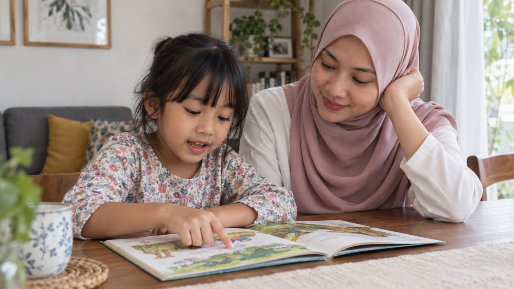 Anak mengikuti petikan pendek ketika membaca bersama ibu.