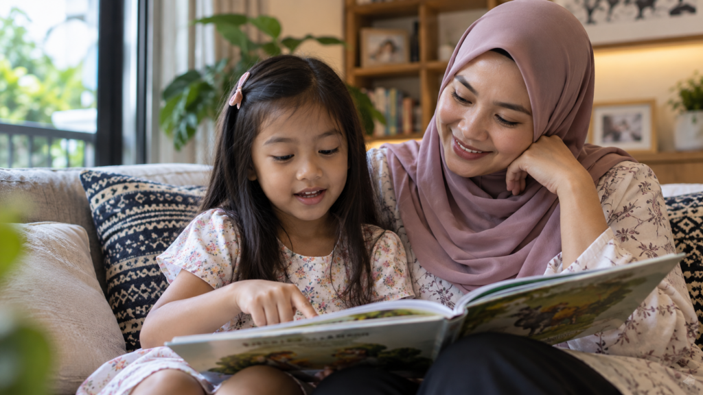Anak membaca ayat pendek dengan ibu di sebelahnya.