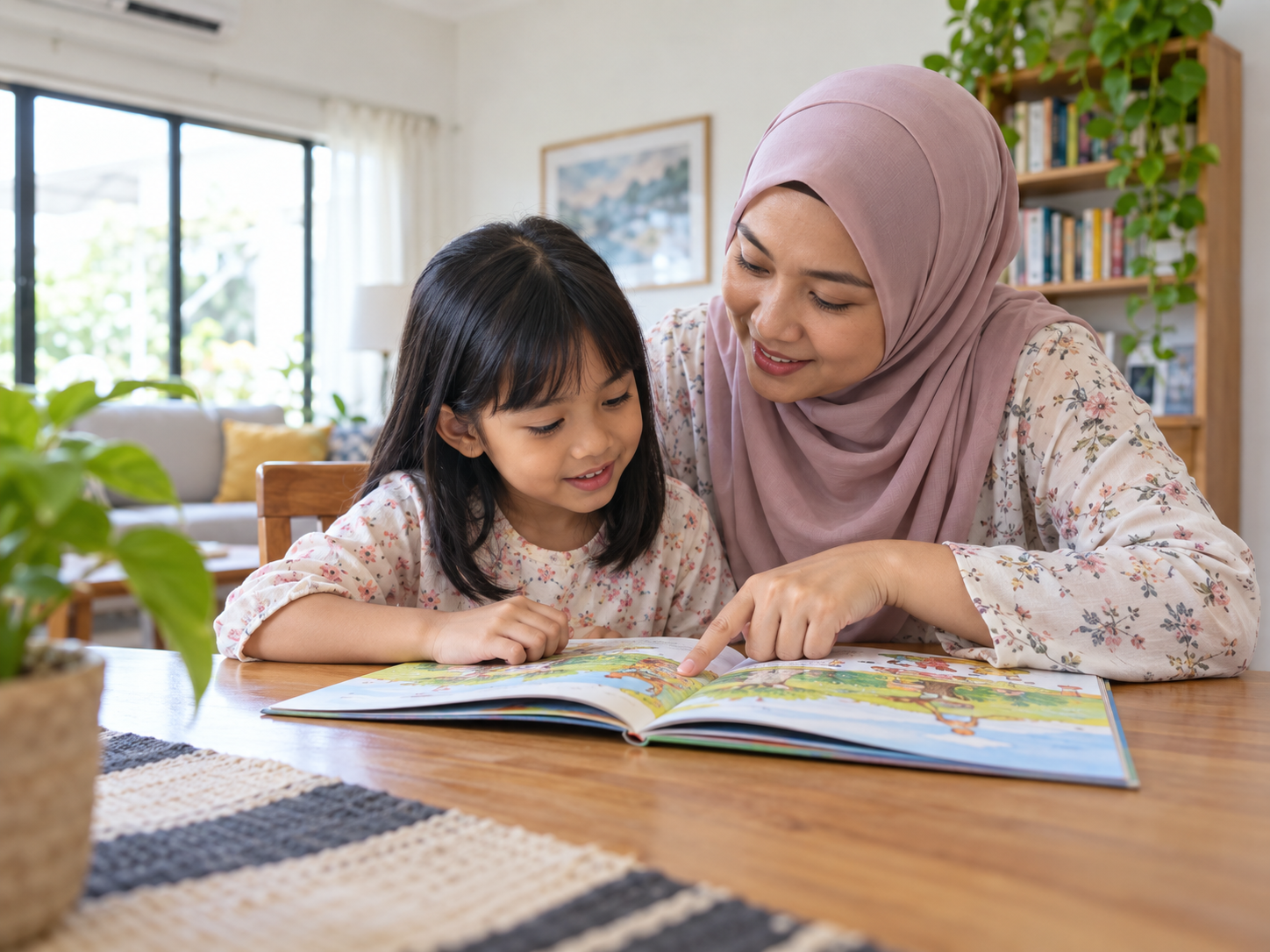 Ibu membimbing anak membaca buku asas dengan sabar.