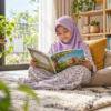 Kanak-kanak membaca buku bergambar seorang diri di sudut rumah yang terang dan selesa.