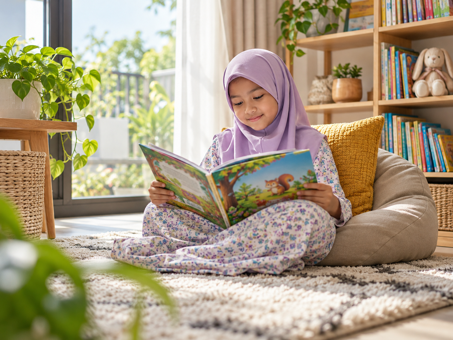 Kanak-kanak membaca buku bergambar seorang diri di sudut rumah yang terang dan selesa.