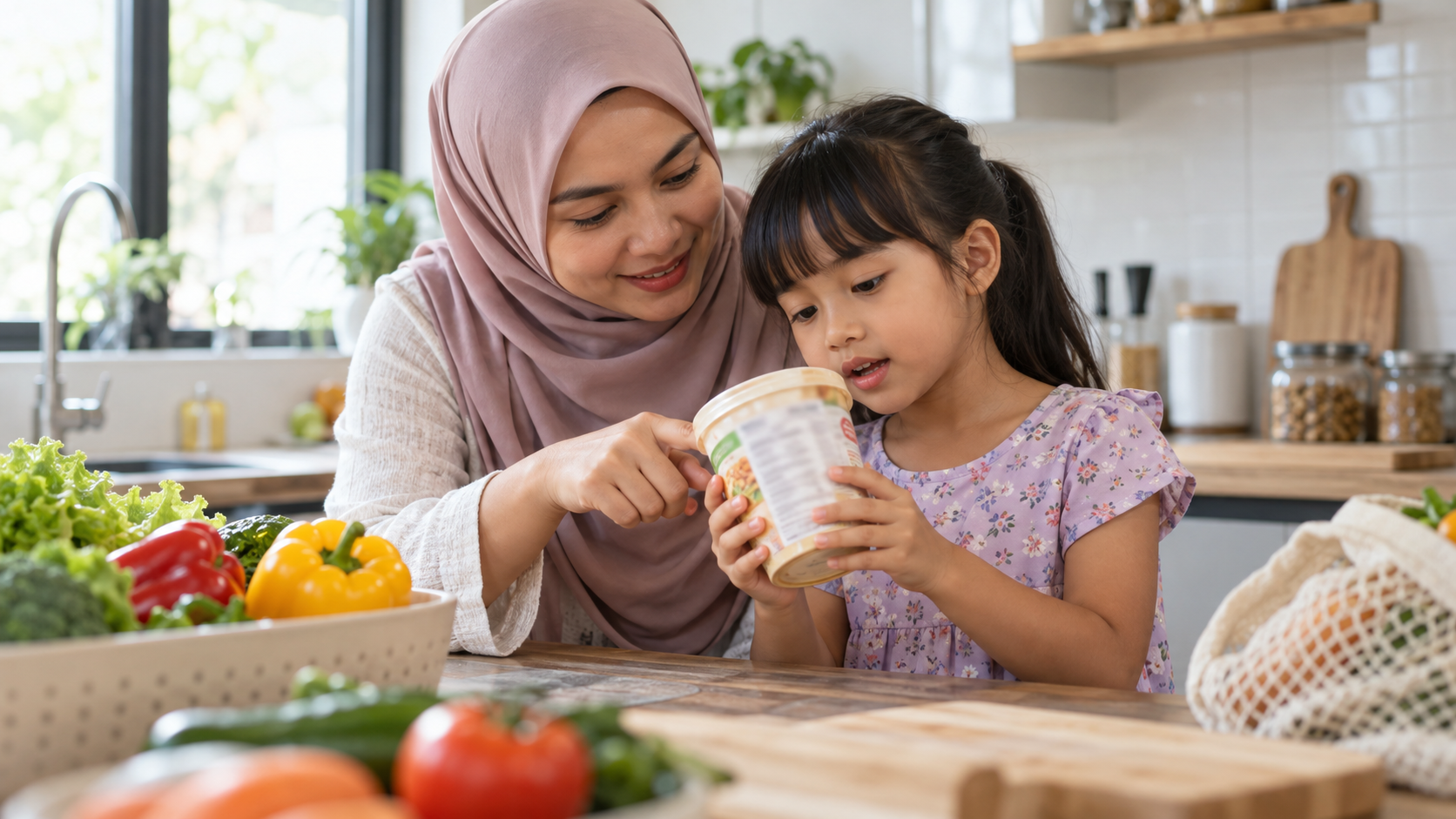 Kanak-kanak Melayu memerhatikan label produk makanan di dapur sambil dibimbing oleh ibunya.