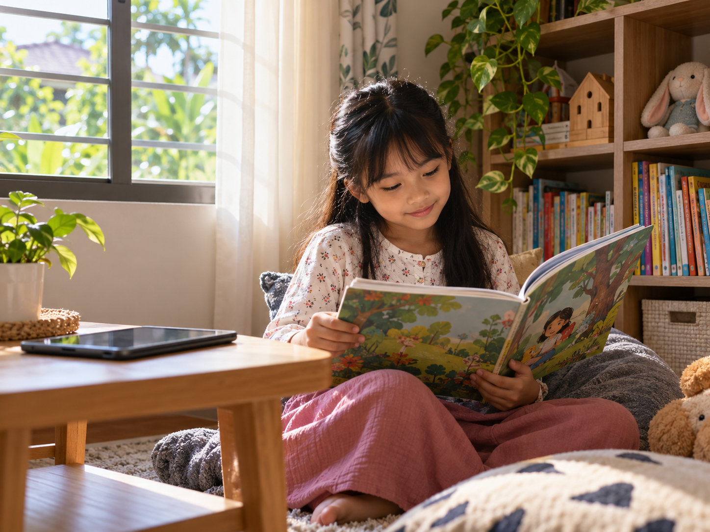 Kanak-kanak meletakkan peranti dan membuka buku selepas masa skrin.