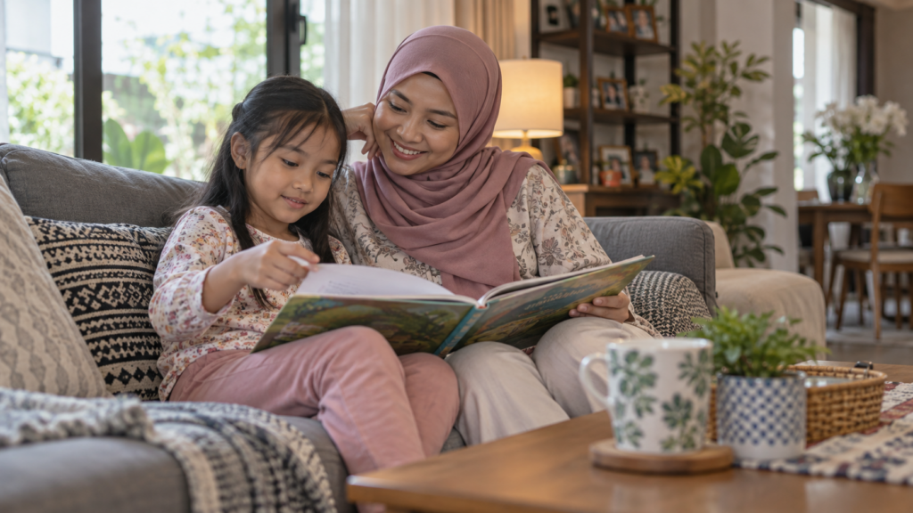 Ibu bapa mendengar anak membaca dalam suasana selesa.