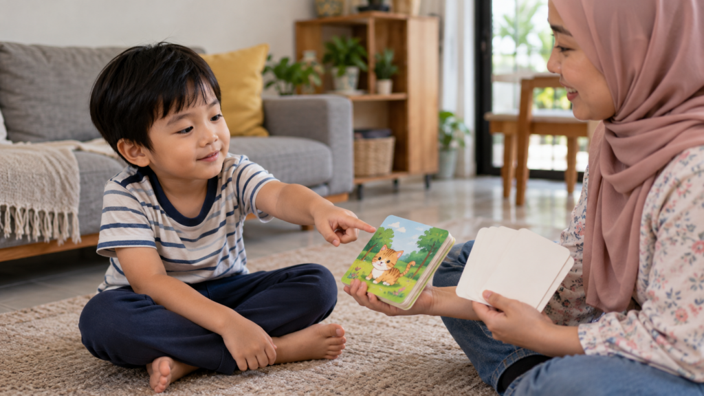 Kanak-kanak perempuan memilih antara buku cerita bergambar dan kad bacaan kosong yang ditawarkan oleh ibunya.