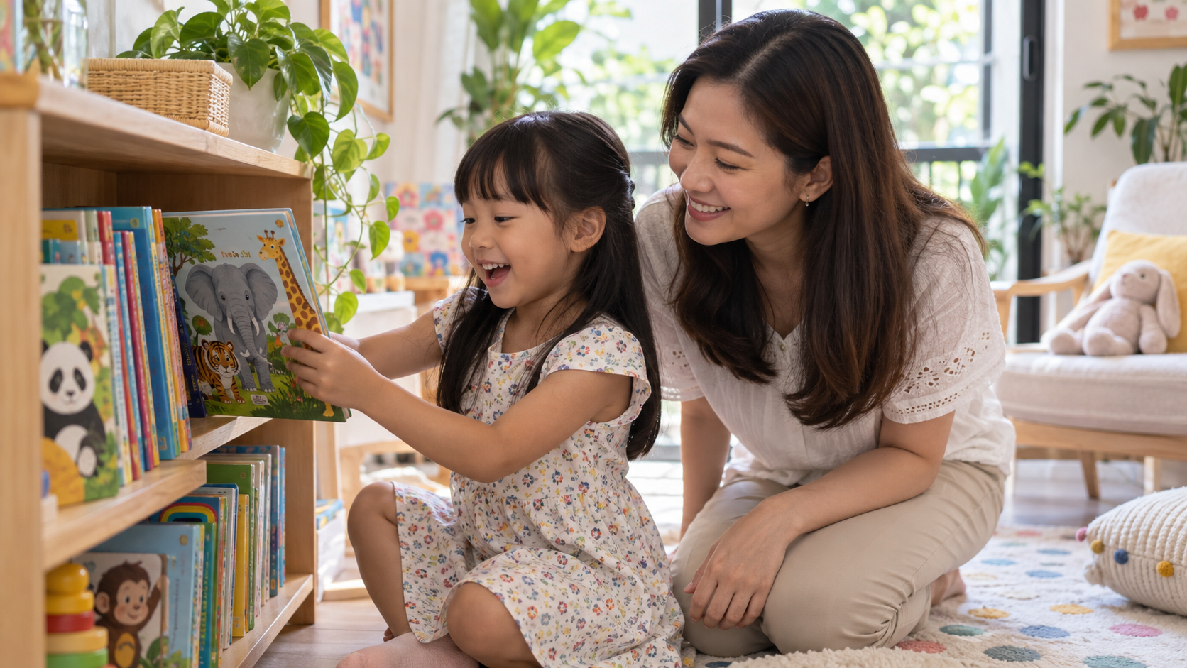 Anak memilih buku yang menarik minatnya bersama ibu.