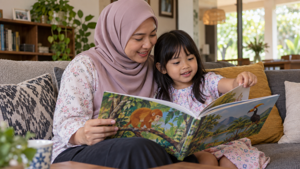 Anak memilih halaman buku untuk dibaca bersama ibu.