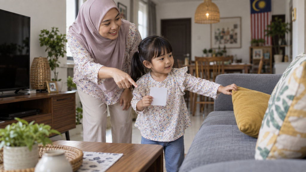 Anak mencari objek di rumah sebagai sebahagian permainan perkataan.