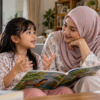 Anak menceritakan semula bacaan kepada ibu di rumah.