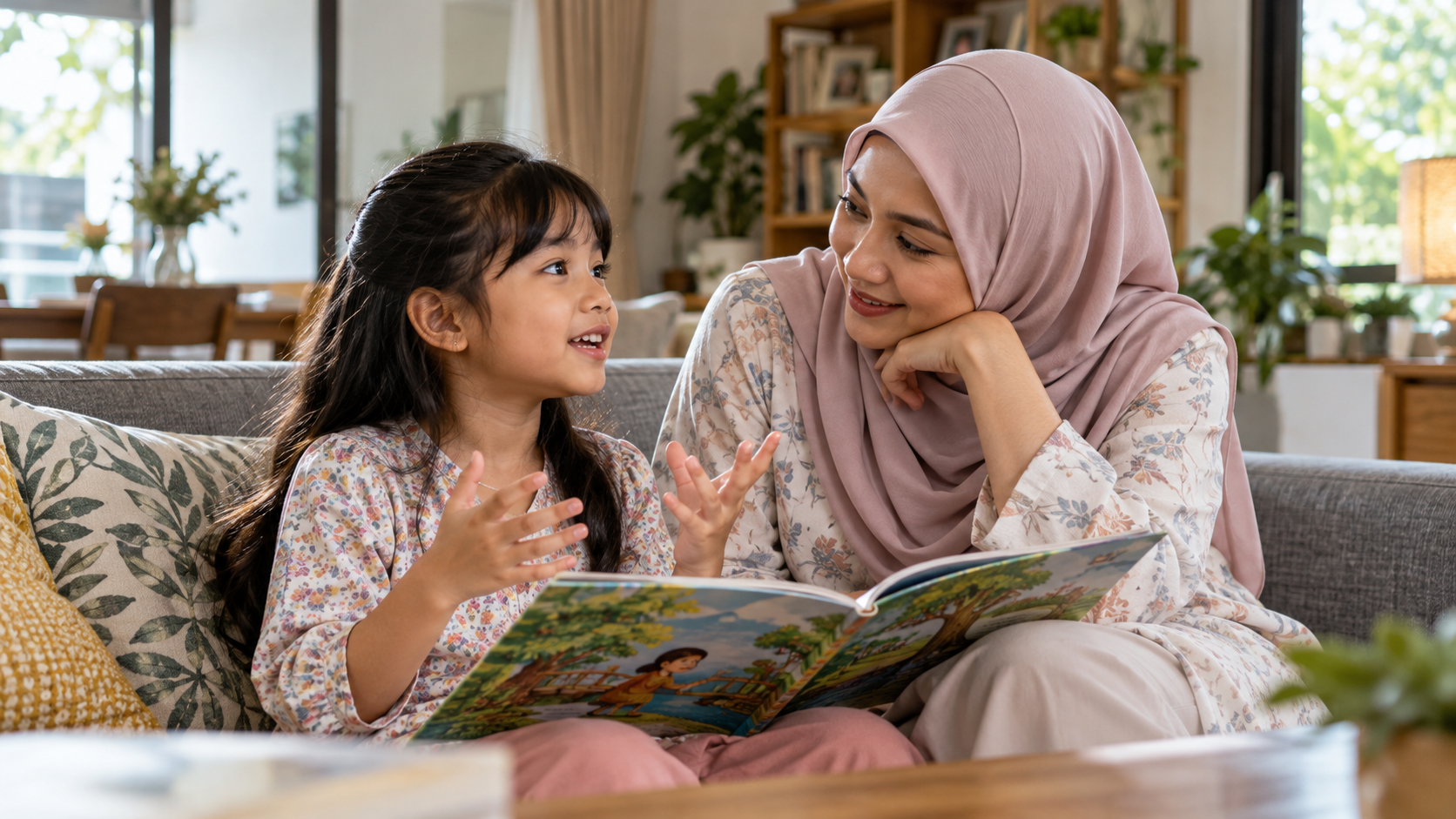 Anak menceritakan semula bacaan kepada ibu di rumah.
