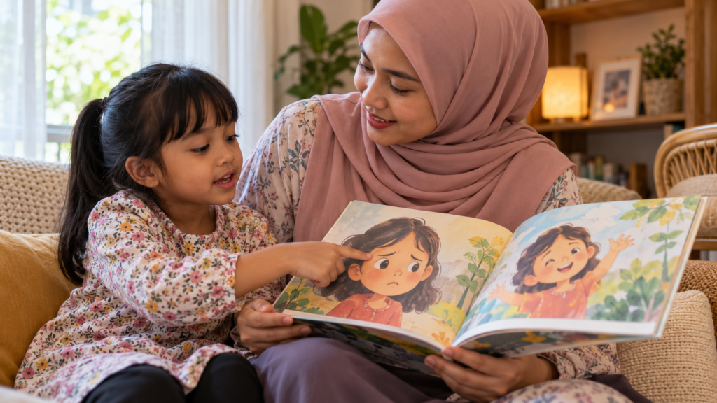 Anak menggunakan ekspresi watak sebagai petunjuk untuk menceritakan semula.