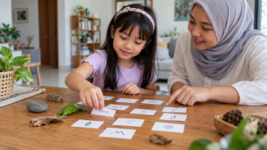 Kanak-kanak menyusun beberapa kad perkataan di atas meja sementara ibu bapanya membantu mengumpulkan bahan bacaan.