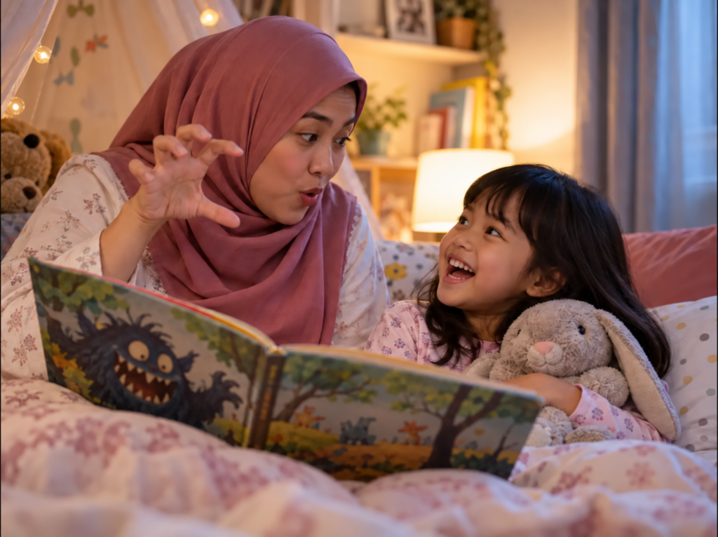 Anak menunjuk gambar dalam buku sambil ibu mendengar.