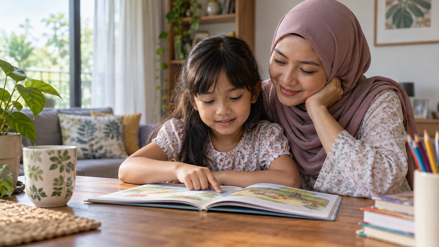 Ibu menemani anak membaca petikan pendek dengan tenang.
