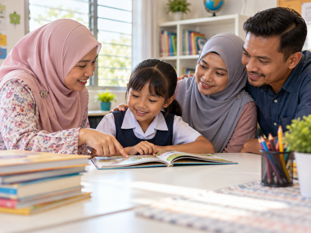 Ibu bapa dan anak membaca buku secara bergilir-gilir.