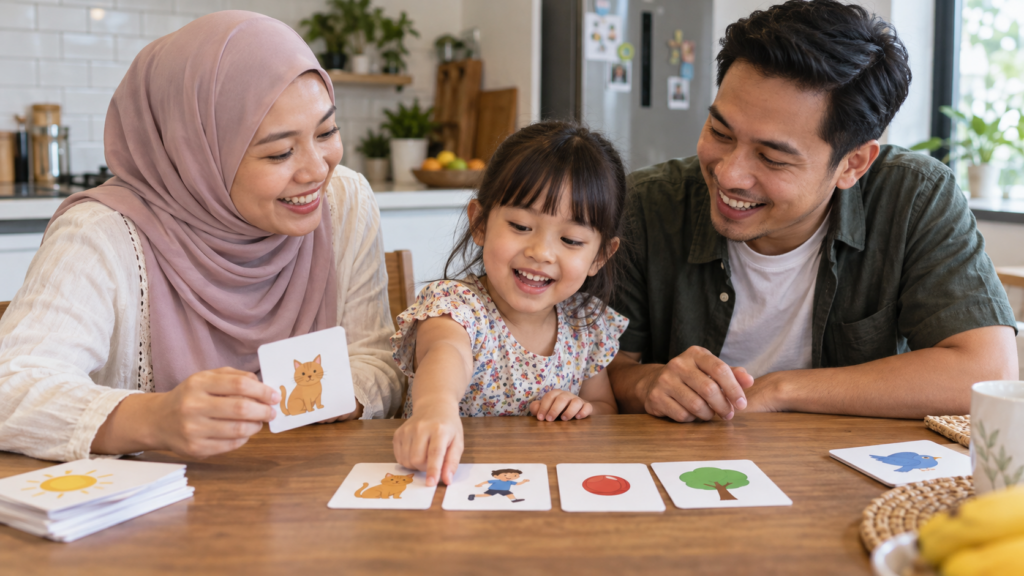 Anak mencipta ayat pendek bersama ibu menggunakan perkataan pilihan.