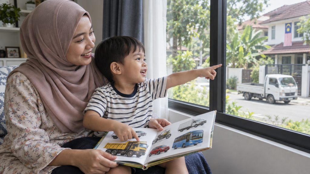 Ibu membantu anak mengaitkan buku dengan pengalaman harian.