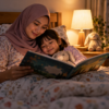 Ibu membaca cerita sebelum tidur kepada anak di bilik yang nyaman.