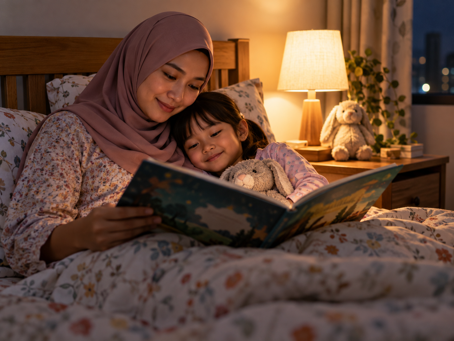 Ibu membaca cerita sebelum tidur kepada anak di bilik yang nyaman.