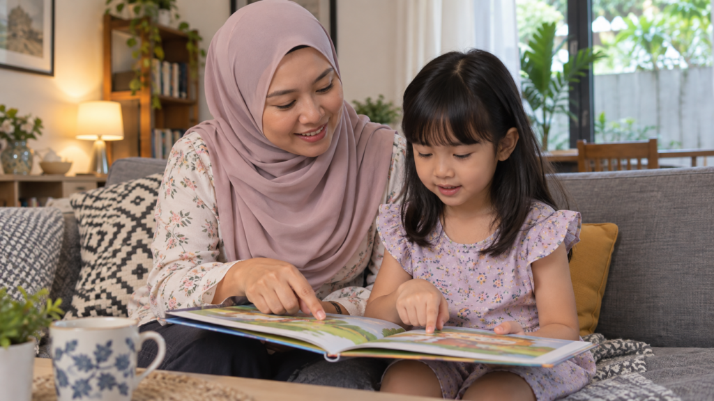 Ibu dan anak membaca buku secara bergilir-gilir.