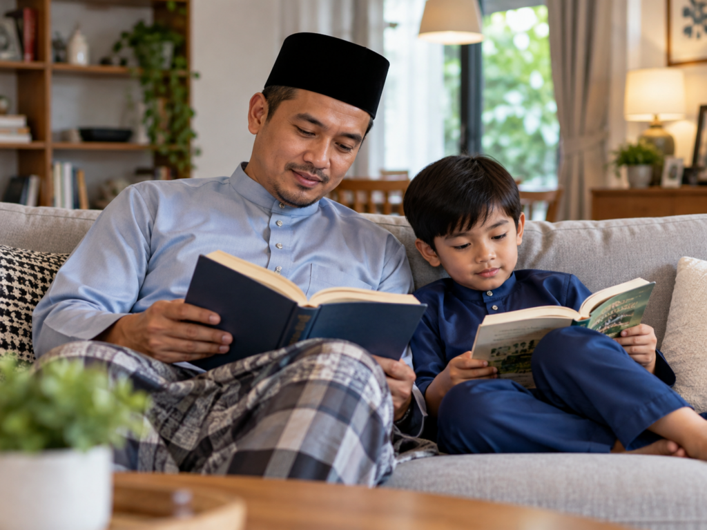 Ibu bapa membaca buku di sisi anak sebagai contoh tabiat membaca.