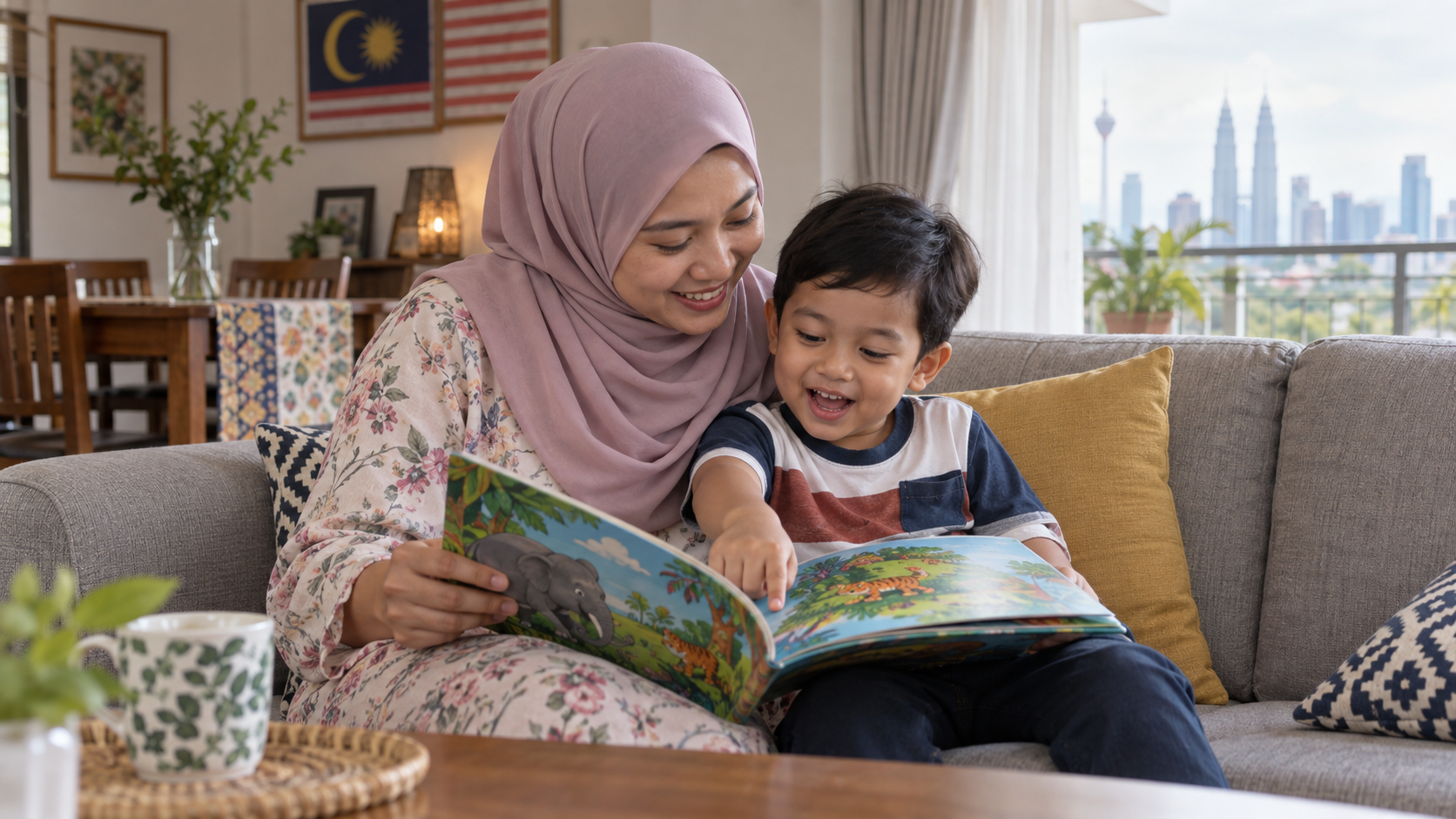 Ibu membacakan buku sambil anak mengikuti cerita.