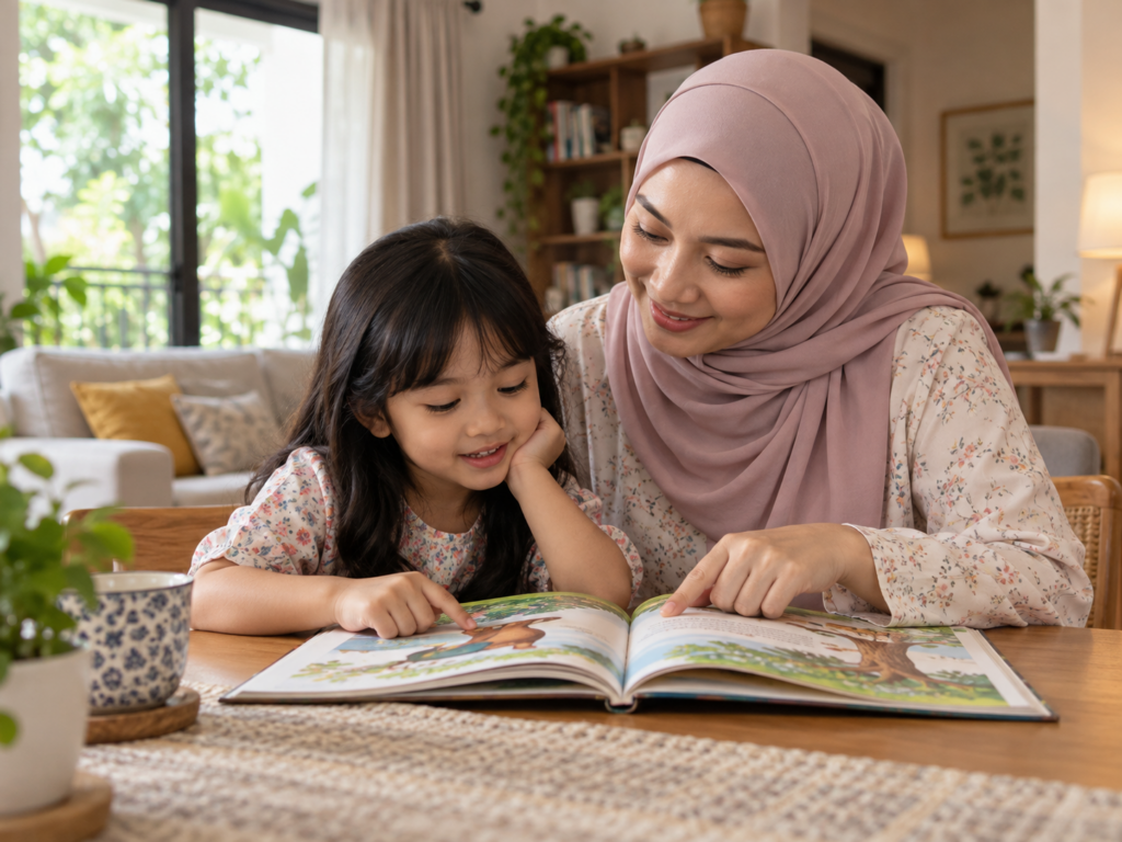 Ibu menemani anak membaca buku bergambar di meja rumah.
