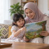 Keluarga membaca bersama-sama di ruang rumah yang selesa.
