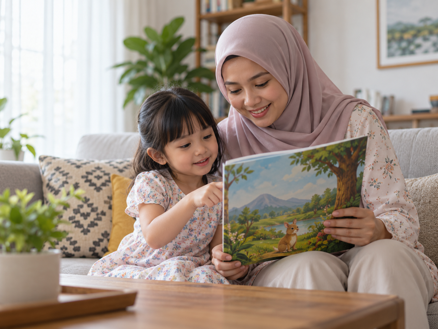 Keluarga membaca bersama-sama di ruang rumah yang selesa.