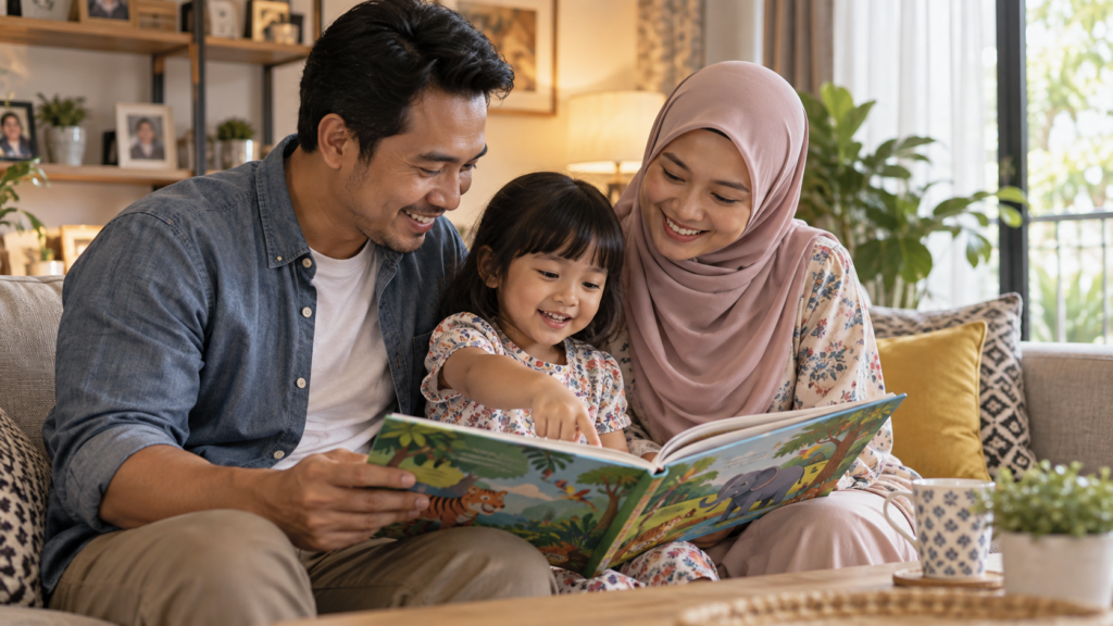 Keluarga membaca buku pilihan anak bersama-sama.