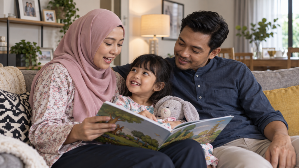 Ibu bapa dan anak menikmati cerita bersama-sama.
