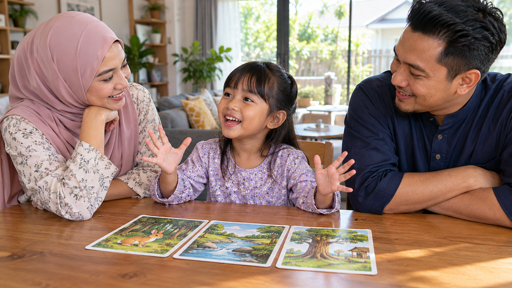 Ibu bapa dan anak duduk di meja sambil menggunakan tiga kad bergambar untuk menghasilkan cerita bersama-sama.