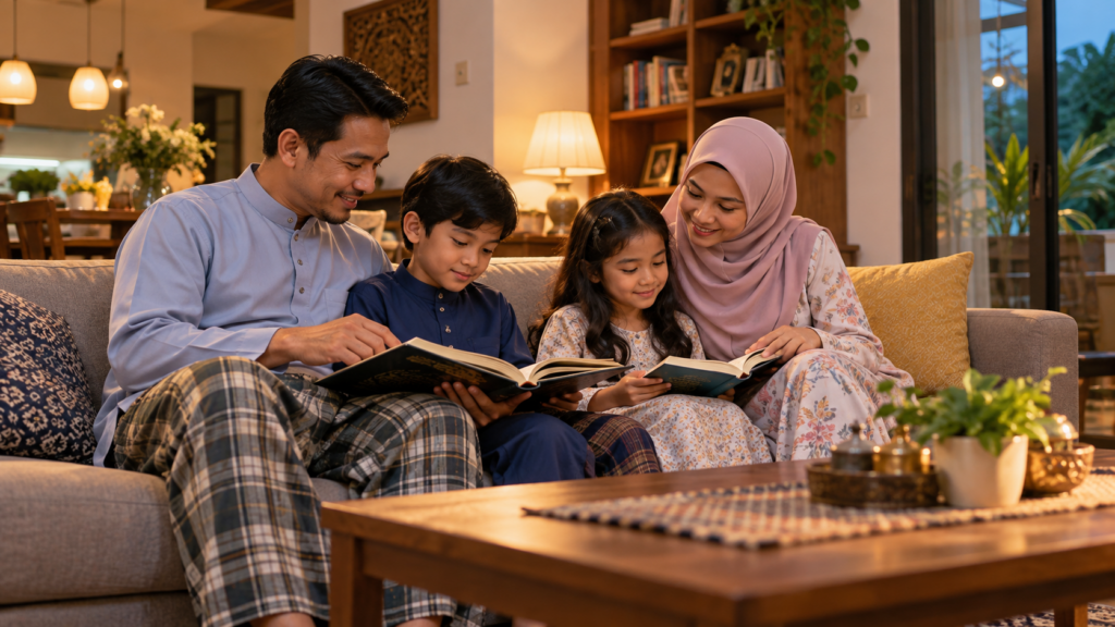 Sepasang ibu bapa dan dua orang anak menikmati buku cerita bersama-sama di ruang tamu pada waktu petang.